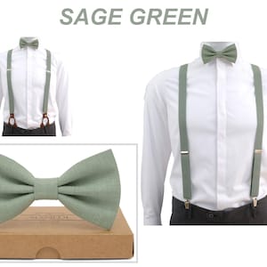 Sage green elastic suspenders, sage green colored wedding accessories,linen bow tie