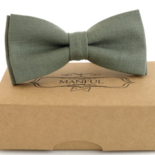 Linen wedding bow tie for groomsmen Moss green linen bow tie for boys