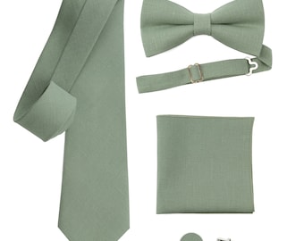 Sage Green Linen Bow Tie, Wedding Necktie, Linen Necktie, Groomsmen Necktie, Green Necktie, Sage Green Bow Tie for Men,Dusty Green Bow Tie