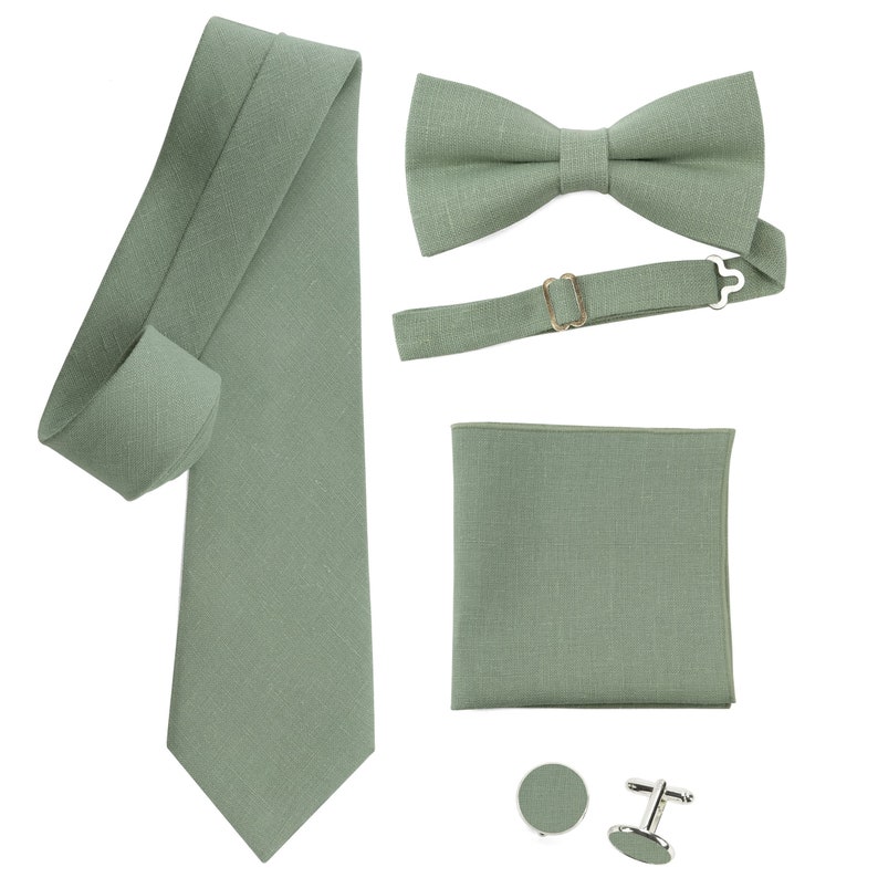 Nœud papillon en lin vert sauge, Cravate de mariage, Cravate en lin, Cravate de garçons d'honneur, Cravate verte, Nœud papillon vert sauge pour homme, Nœud papillon vert vieux image 1