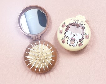 Cute Kawaii Bobba Tea Bubble Tea Portable Hair Brush Mirror Compact Flip Round Mini Comb Girly Accessories Pop Up Foldable Cushion Brush