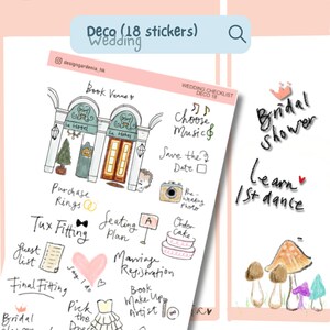 Adesivi per wedding planner per la futura sposa Lista di controllo disegnata a mano Pianificazione di una nuova torta organizzata Addio al nubilato Fotografo musicale Tux Fitting Seat