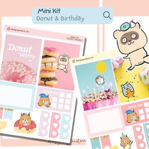 Kit de mini adesivos desenhados à mão adorável para aniversários, donuts e personagens kawaii, presente econômico para amantes de planejadores, mães, esposas, estudantes, organizadores
