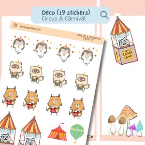 Circus magie handgetekende planner stickers suikerspin tent paard draaimolen clown goochelaar vos egel beer wasbeer dier plezier carnaval