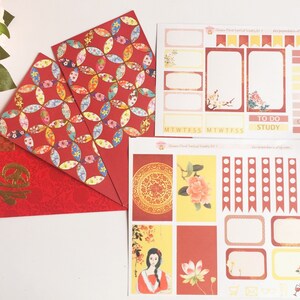Preço do conjunto completo • Kit de adesivos semanais de planejamento de espaço branco floral de ano novo lunar chinês vertical • Princesa chinesa • Vermelho amarelo • Flor