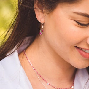 Sterling Silver Hoop Earrings: Pink Enamel Star Dangle
