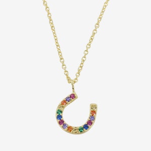 Rainbow Horseshoe Necklace, Rainbow Crystals & Sterling Silver Horseshoe Necklace, Equestrian Jewellery Gold