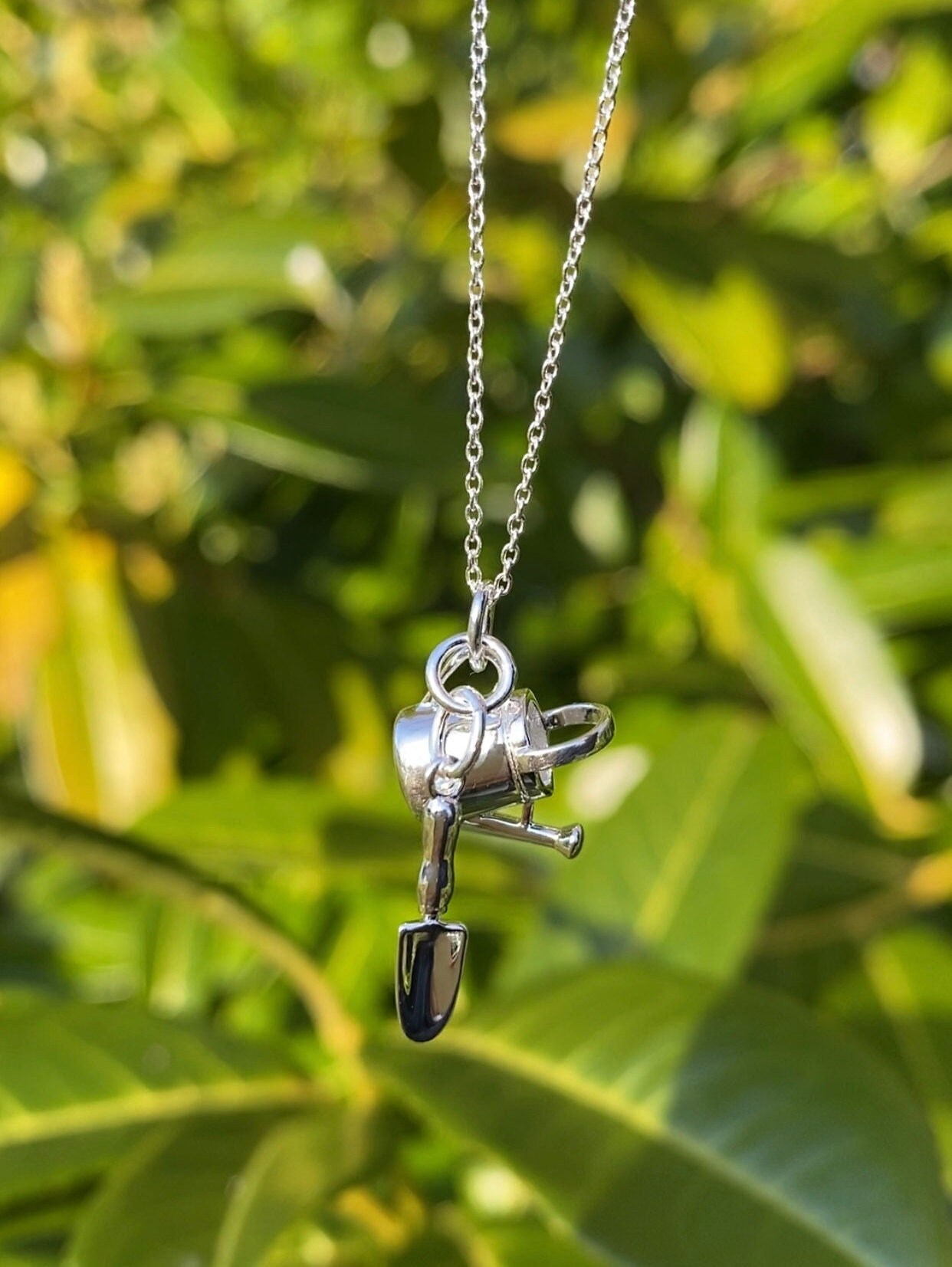 Garden Charm Necklace, Sterling Silver Necklace, Garden Necklace, Watering Can Necklace, Charm