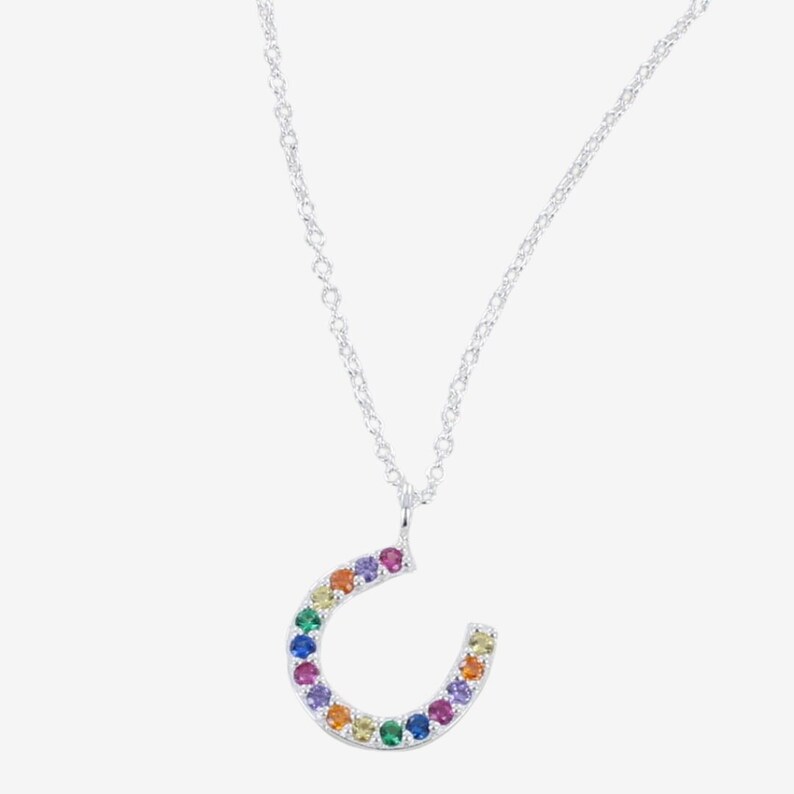 Rainbow Horseshoe Necklace, Rainbow Crystals & Sterling Silver Horseshoe Necklace, Equestrian Jewellery Silver