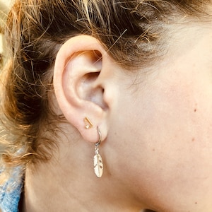 Feather Sleeper Earrings, Silver Hoops, Feather Earrings, Feather Hoops, Huggie Earrings
