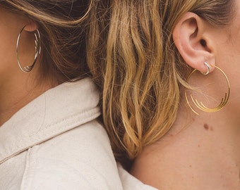 Silver Hoops, Gold Plated Hoop Earrings, Soundwave Earrings