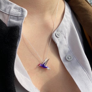 Pink & Purple Hummingbird Necklace, Sterling Silver Hummingbird Jewellery, Enamel Hummingbird Necklace, Silver Bird Jewellery