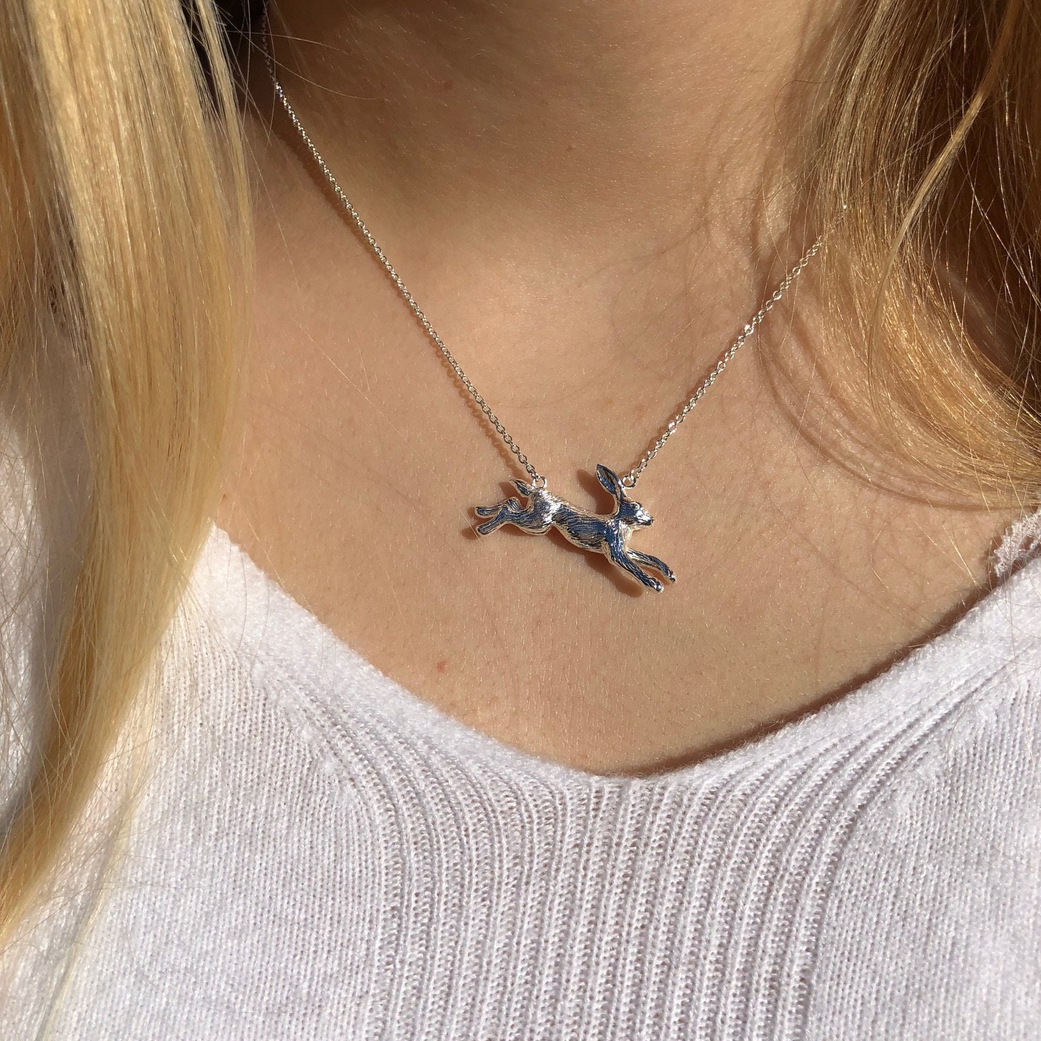 Sterling Silver Running Hare Necklace: Adjustable Chain, Nature Jewelry