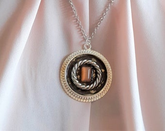Silver Pendant Chain Necklace with Light Orange Cat's Eye Glass Cabochon and Found Materials