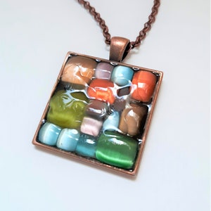 Mosaic Glass & Antiqued Copper Square Pendant Necklace on 24 inch Chain