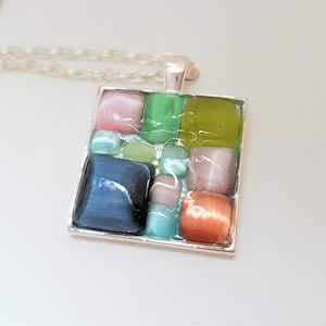 Mosaic Glass & Silver Metal Square Pendant Necklace on 24 inch Chain