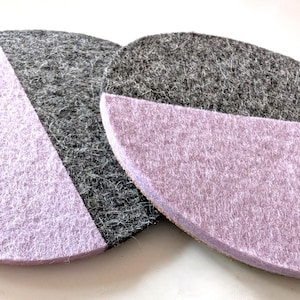 Set of 2 100% Wool Felt Coasters with Cork Backing in Charcoal Gray and Lilac