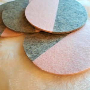 Thick Wool Felt Coasters with Cork Backing, Set of 2, Heather Grey and Dusty Pink, 100% Wool, Retro Modern Coasters