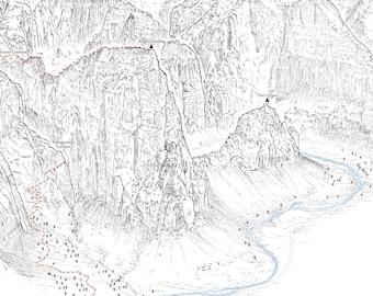 Angels Landing, Zion Canyon, Utah. Line illustration detailing the classic trail.