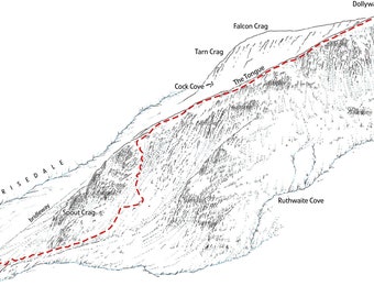 Northeast Ridge of Nethermost Pike Line illustrtaion detailing the classic scramble. Helvellyn