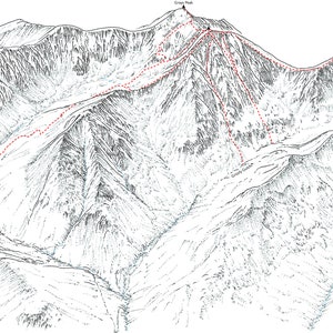 Puede incluir: Un dibujo en blanco y negro de una cordillera con líneas discontinuas rojas que indican rutas de senderismo. El dibujo muestra dos picos etiquetados como "Grey Peak" y "Grey Peak".