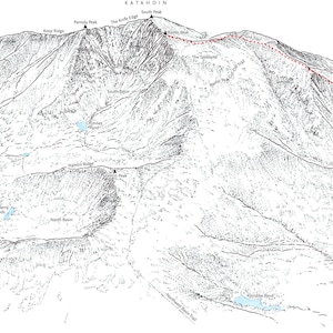 Katahdin, Baxter State Park, Maine (point culminant). Illustration représentant le sentier des Appalaches et d'autres voies d'ascension.