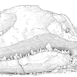 May include: A detailed black and white illustration of a large rock formation. The image shows a massive boulder with a rough, textured surface, and smaller stones at its base. The artwork is done in a cross-hatching style.