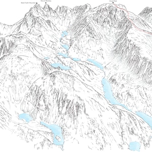 Cloud Peak, Wyoming. Ilustración lineal que detalla la ruta principal de ascenso.