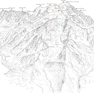 Mont Blanc, Chamonix. Line illustration showing the standard Chamonix approaches.
