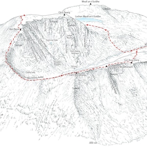 Ben Nevis, Linienillustration mit der Nordwand und Carn Mor Dearg Arête.