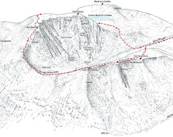 Ben Nevis, line illustration showing the North face and Carn Mor Dearg Arête.