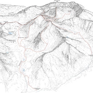 Grays Peak, line illustration details the southern aspect from Chihuahua Gulch and Horseshoe Basin.