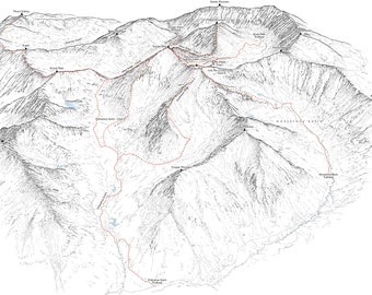 Grays Peak, line illustration details the southern aspect from Chihuahua Gulch and Horseshoe Basin.