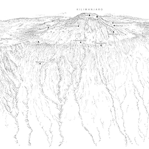 El Kilimanjaro es la montaña más alta de África y una de las Siete Cumbres. Ilustración lineal que muestra las principales rutas de ascenso.