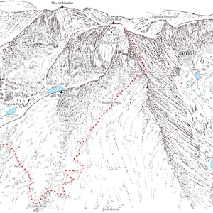 Longs Peak, northeast view showing the Keyhole Route, line illustration.
