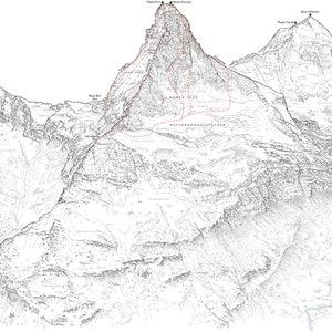 Matterhorn - Monte Cervino line Illustration, detailing the Hörnli Ridge, North Face, Zmutt Ridge and Fruggen Ridge.