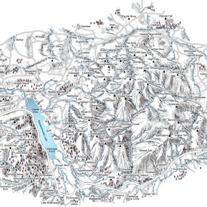 Keswick, Skiddaw und Blencathra. Linienbild mit den Fjells, Bergen und Seen.