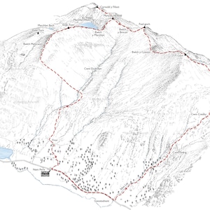 Elidir Fawr e Y Garn desde el lado del paso de Llanberis. Ilustración de línea muy detallada.