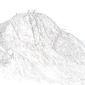 Scafell, Scafell Crag, Lord&#39;s Rake, Wasdale, Lakefallen. Linienillustration mit Details zu Lord&#39;s Rake und allen wichtigen Funktionen.