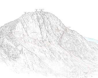 Scafell, Scafell Crag, Lord's Rake, Wasdale, Lake District. Line illustration detailing Lord's Rake and all the main features.