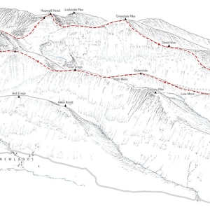 May include: A 3D illustration of a mountainous region, featuring a red dotted line marking a hiking route. The map includes place names such as "Grasmoor" and "Whinlatter Pike". The word "Highlands" is at the bottom.