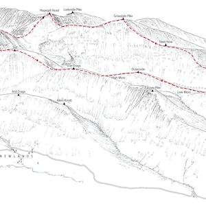 Coledale Round, Northwest Fells, Lake District. Line illustration showing the classic walk. image 1