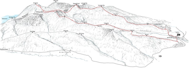 Coledale Round, Northwest Fells, Lake District. Line illustration showing the classic walk. image 1