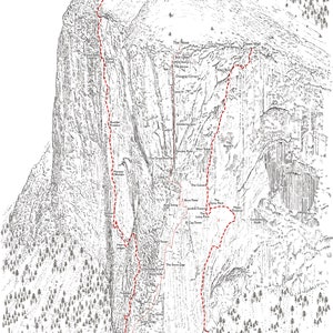 El Capitan-topo-illustratie met details over Freerider (Free Solo-route) en Dawn Wall, Yosemite.