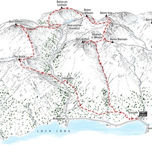 May include: A red dashed line traces a hiking trail through a mountainous landscape. The trail starts at the bottom left corner of the image and winds its way up to the top of the mountain, passing by several peaks and valleys. The trail is marked with various points of interest, including "Rest and be thankful", "Ben Arthur", "Bealach a' Mhaim", and "Beinn Narnain".