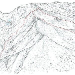 Monte Massive (14ers), cordillera Sawatch, Colorado. Ilustración lineal que muestra las laderas este, suroeste y la cresta este.