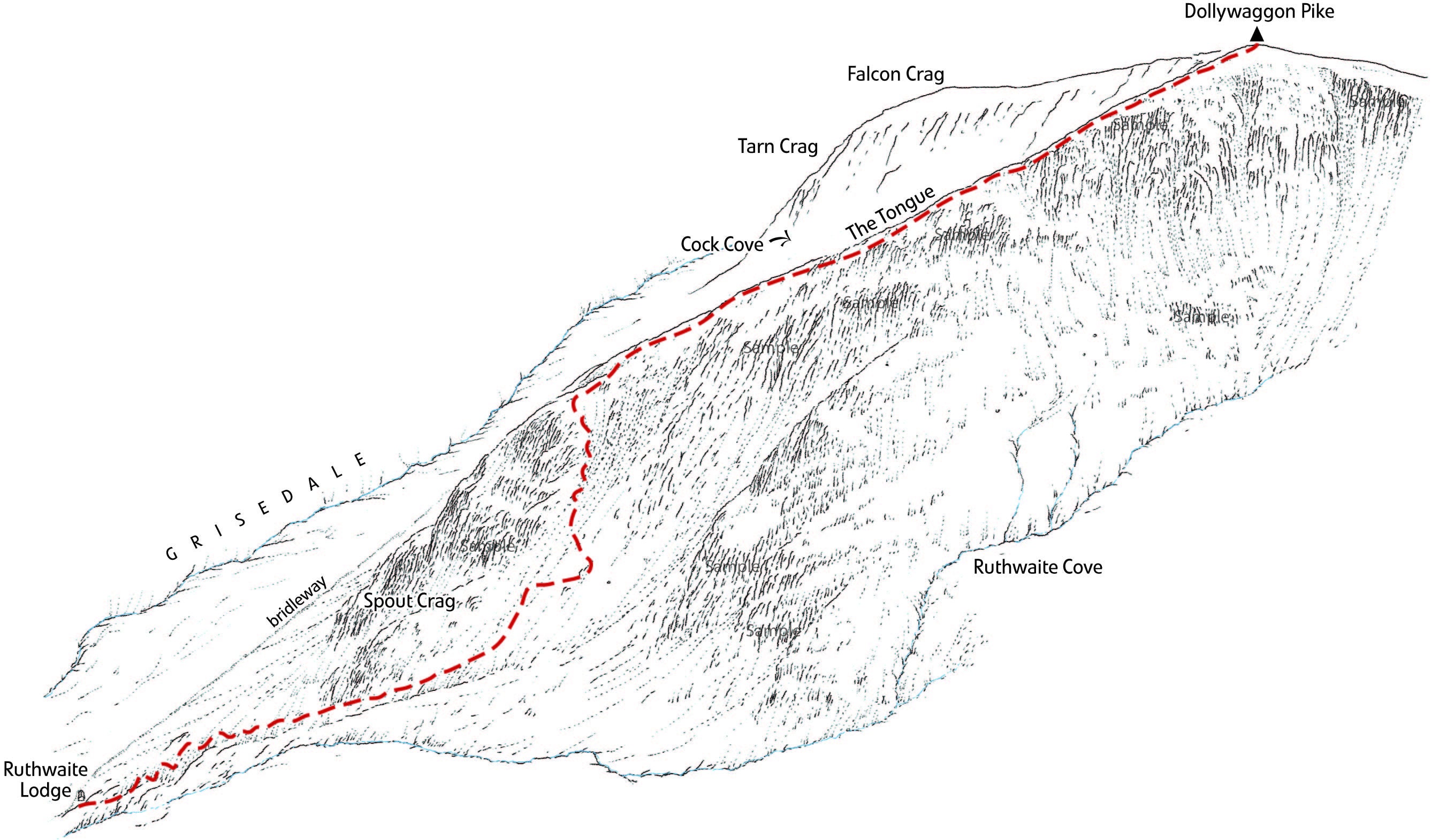 Northeast Ridge of Nethermost Pike Line illustrtaion detailing the classic scramble. Helvellyn