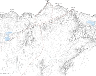 Windom Peak and Sunlight Peak (14ers), San Juan Range, Colorado. Line illustration detailing the standard routes.