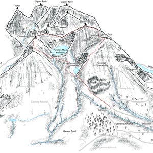 Elidir Fawr a través del Marchlyn Loop. Ilustración de línea muy detallada.