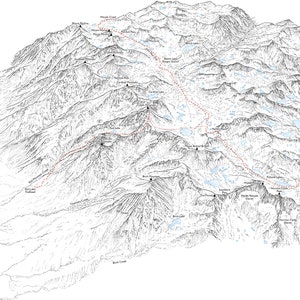 Split Mountain (14er) y la sección Palisade Creek a Woods Creek del sendero John Muir, ilustración lineal.